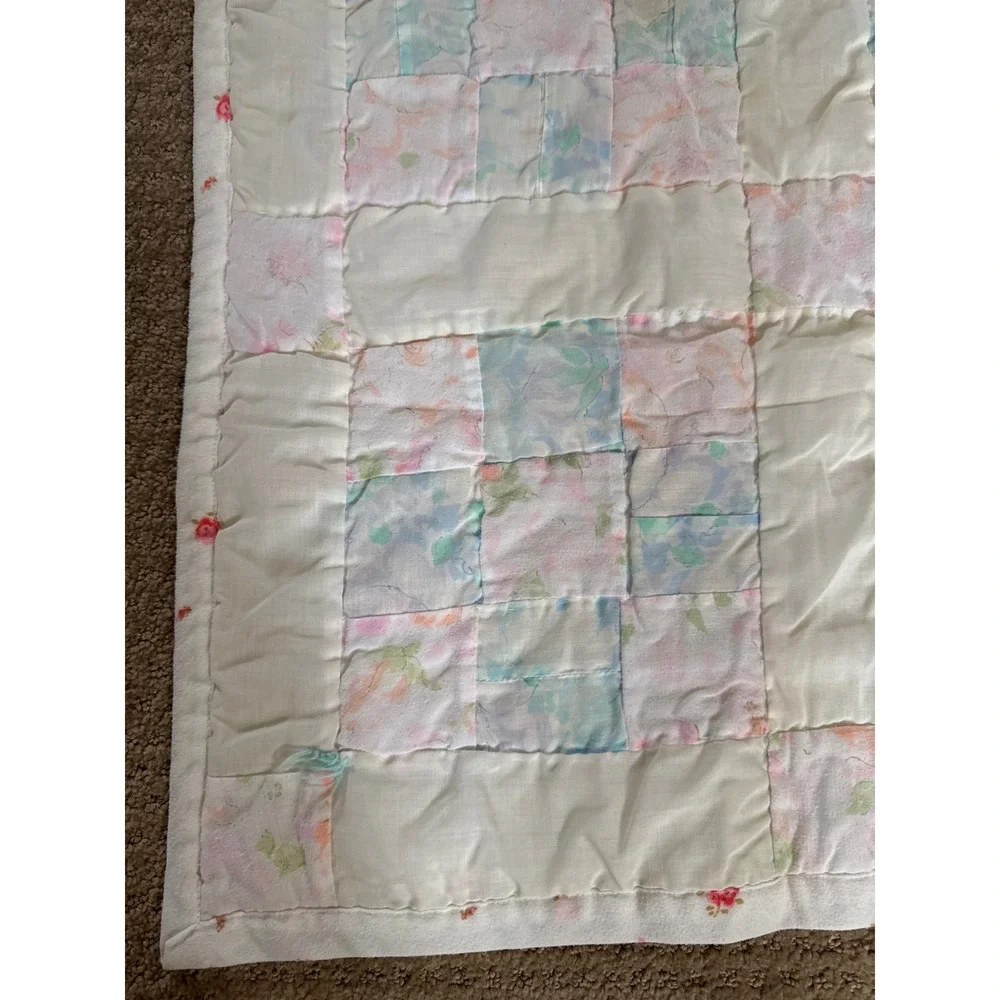 Handmade Vintage Pastel Patchwork Baby Quilt Floral Flannel Reversible 42x42